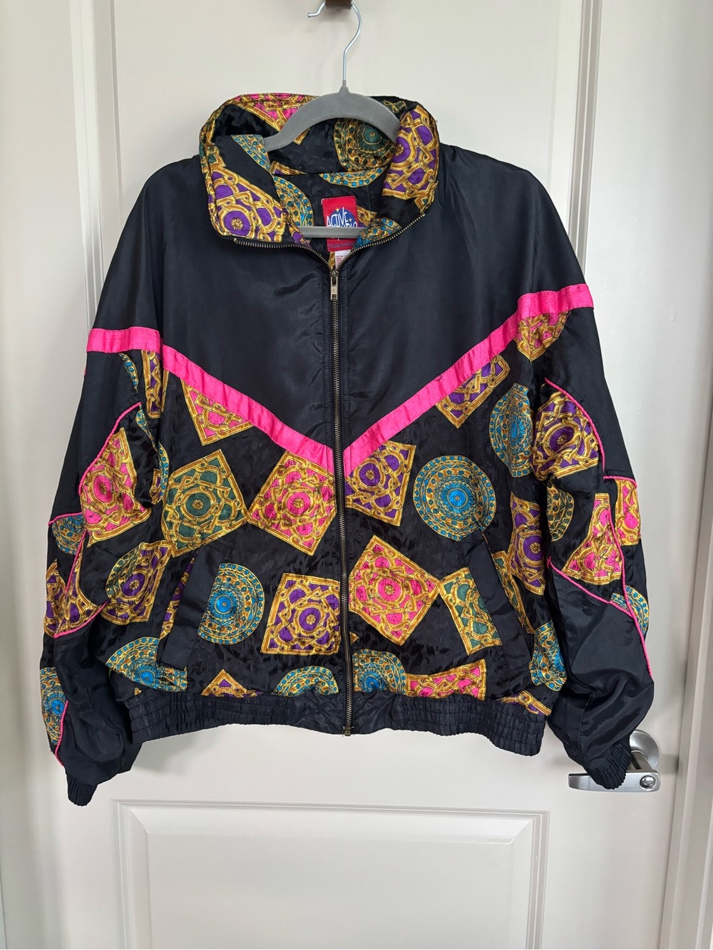 Vintage Black Bomber Jacket with Pink Trim and Multicolor Medallion Print